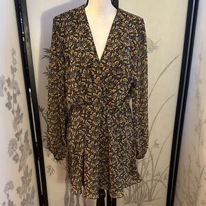 Zara Long-Sleeve Floral Wrap Mini Dress in Black and Yellow